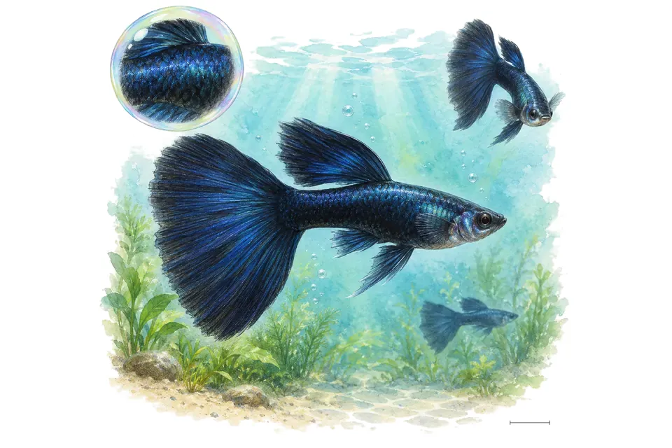 Aquarelle : Guppy Moscow (Poecilia reticulata) dans une eau turquoise lumineuse, avec une vue de trois quarts et un détail dans une bulle.