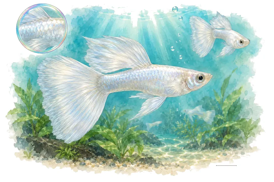 Aquarelle : Guppy platinum (Poecilia reticulata) dans une eau turquoise lumineuse, avec une vue de trois quarts et un détail dans une bulle.