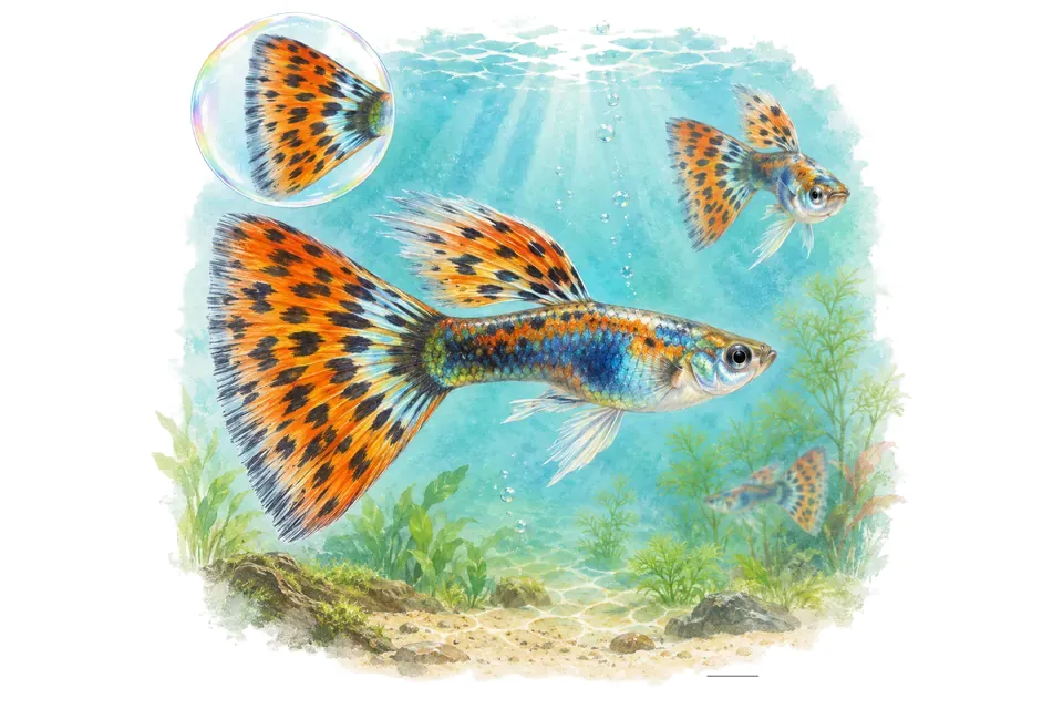 Aquarelle : Guppy queue delta (Poecilia reticulata) dans une eau turquoise lumineuse, avec une vue de trois quarts et un détail dans une bulle.