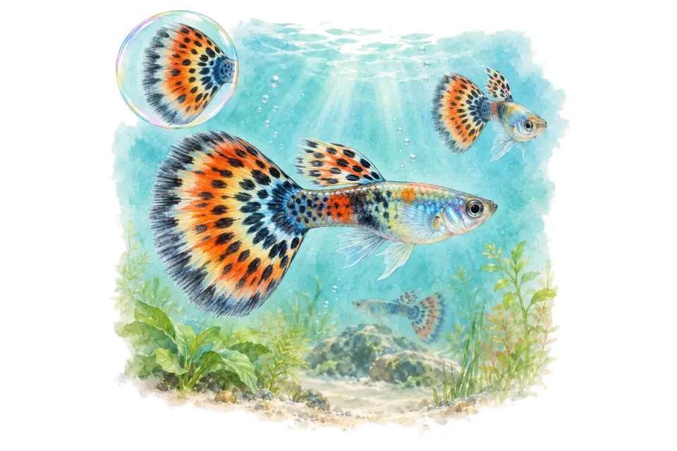 Aquarelle : Guppy queue en éventail (Poecilia reticulata) dans une eau turquoise lumineuse, avec une vue de trois quarts et un détail dans une bulle.