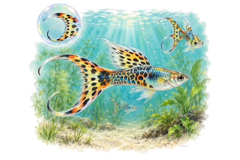 Aquarelle : Guppy queue en lyre (Poecilia reticulata) dans une eau turquoise lumineuse, avec une vue de trois quarts et un détail dans une bulle.