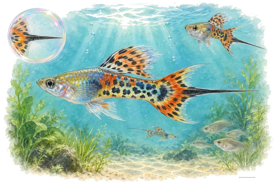 Aquarelle : Guppy queue en pique (Poecilia reticulata) dans une eau turquoise lumineuse, avec une vue de trois quarts et un détail dans une bulle.