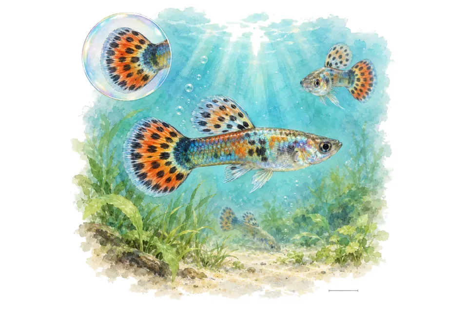 Aquarelle : Guppy queue ronde (Poecilia reticulata) dans une eau turquoise lumineuse, avec une vue de trois quarts et un détail dans une bulle.