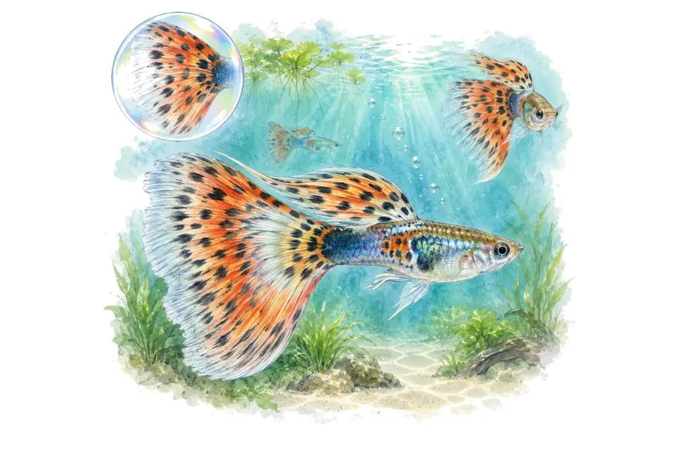 Aquarelle : Guppy queue en voile (Poecilia reticulata) dans une eau turquoise lumineuse, avec une vue de trois quarts et un détail dans une bulle.