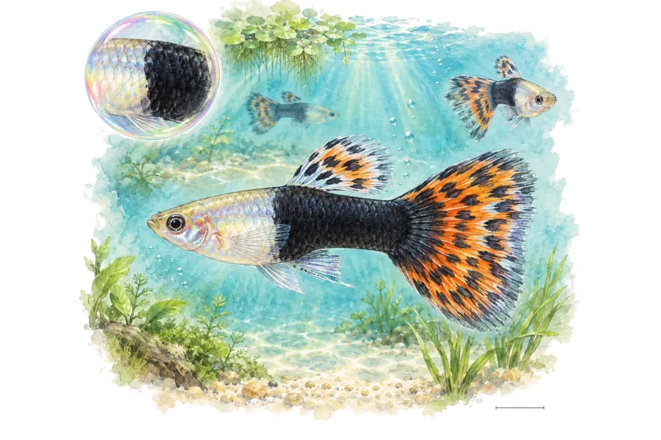 Aquarelle : Guppy tuxedo (Poecilia reticulata) dans une eau turquoise lumineuse, avec une vue de trois quarts et un détail dans une bulle.