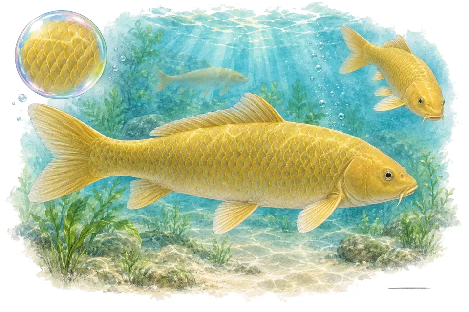 Aquarelle : Karashigoi (Cyprinus rubrofuscus) dans une eau turquoise lumineuse, avec une vue de trois quarts et un détail dans une bulle.