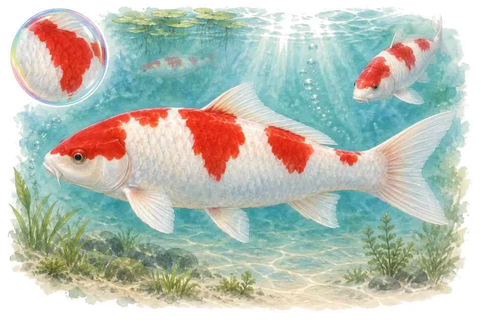 Aquarelle : Kohaku (Cyprinus rubrofuscus) dans une eau turquoise lumineuse, avec une vue de trois quarts et un détail dans une bulle.