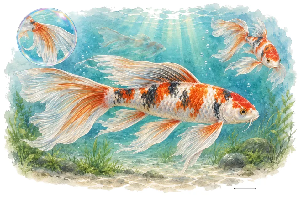 Aquarelle : Koï à longues nageoires (Cyprinus rubrofuscus) dans une eau turquoise lumineuse, avec une vue de trois quarts et un détail dans une bulle.