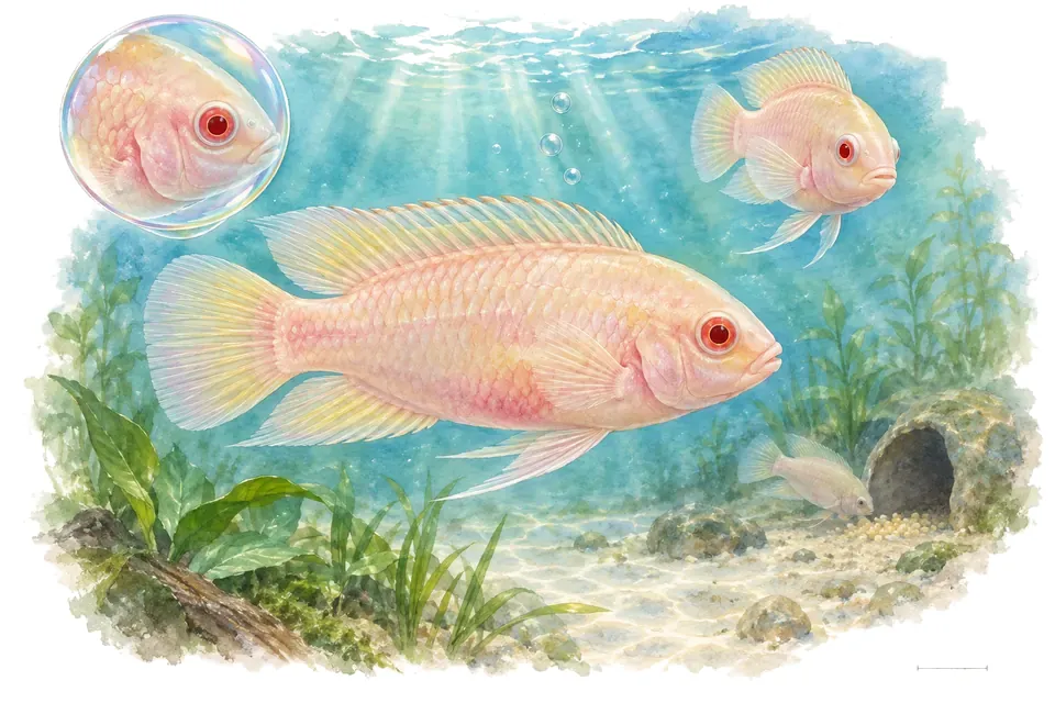 Aquarelle : Kribensis albinos (Pelvicachromis pulcher) dans une eau turquoise lumineuse, avec une vue de trois quarts et un détail dans une bulle.