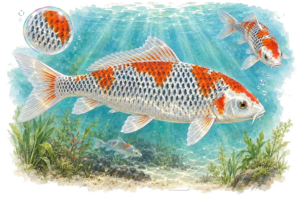 Aquarelle : Kujaku (Cyprinus rubrofuscus) dans une eau turquoise lumineuse, avec une vue de trois quarts et un détail dans une bulle.