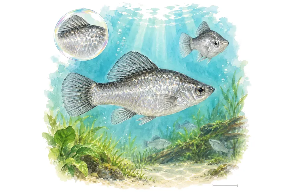 Aquarelle : Molly argenté (Poecilia sphenops) dans une eau turquoise lumineuse, avec une vue de trois quarts et un détail dans une bulle.