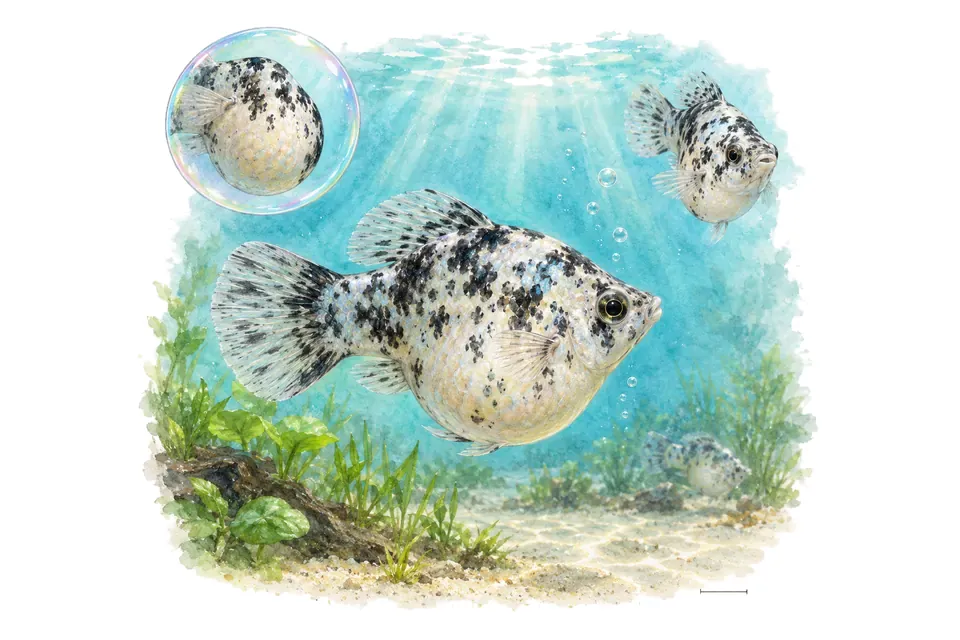 Aquarelle : Molly ballon (Poecilia sphenops) dans une eau turquoise lumineuse, avec une vue de trois quarts et un détail dans une bulle.