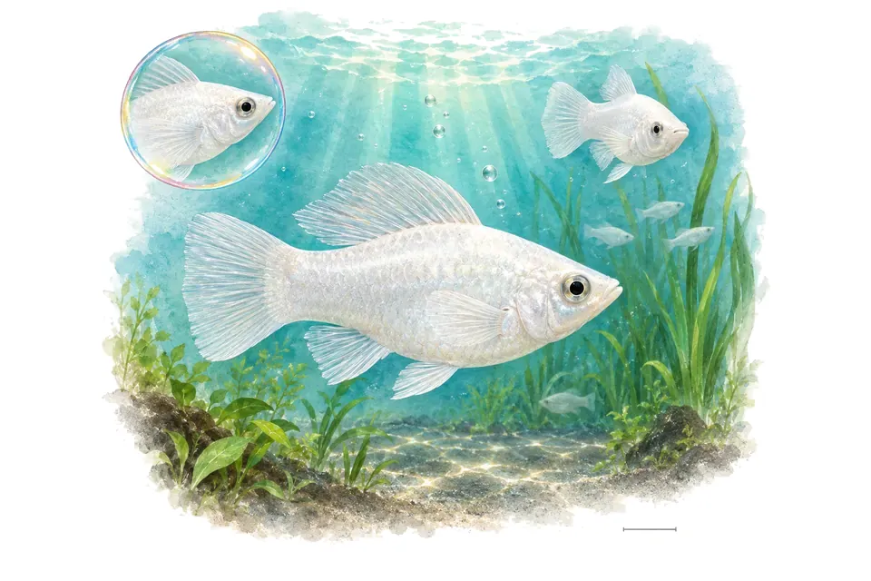 Aquarelle : Molly blanc (Poecilia sphenops) dans une eau turquoise lumineuse, avec une vue de trois quarts et un détail dans une bulle.