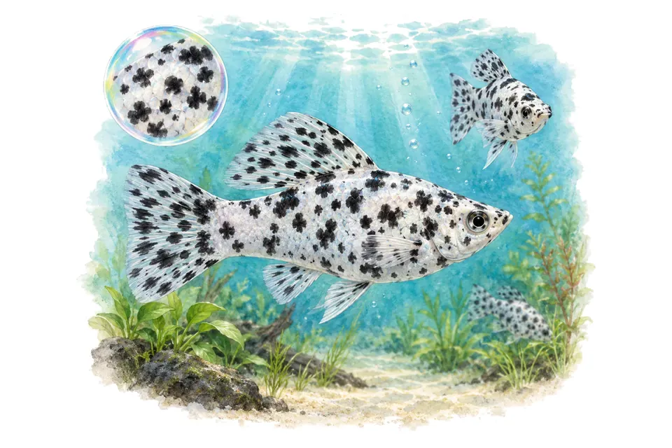 Aquarelle : Molly dalmatien (Poecilia sphenops) dans une eau turquoise lumineuse, avec une vue de trois quarts et un détail dans une bulle.