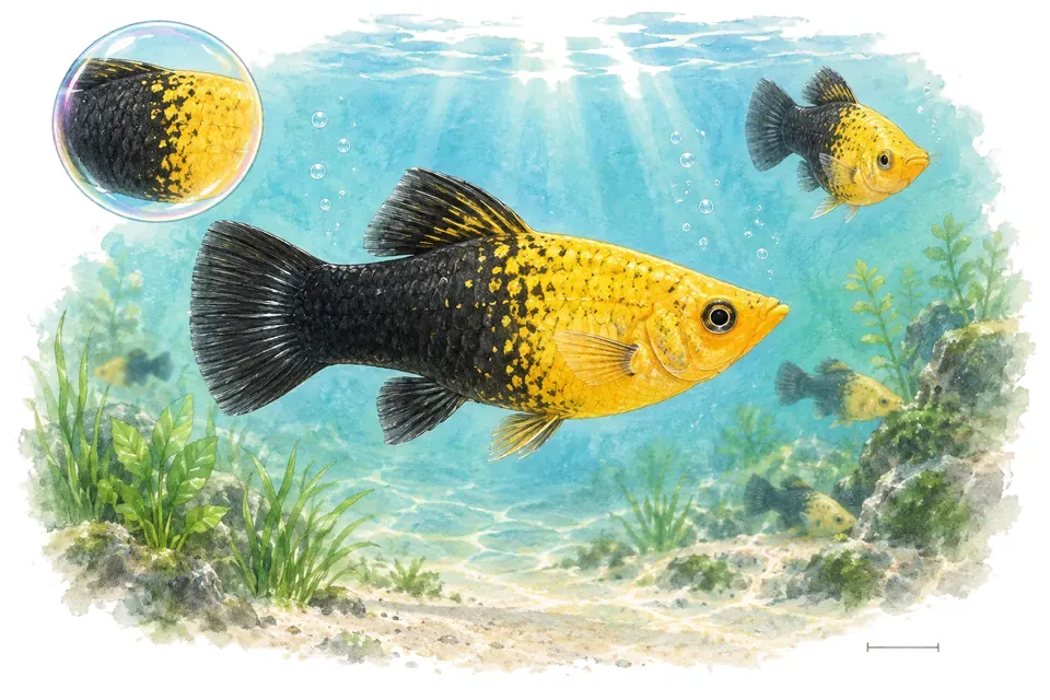 Aquarelle : Molly gold dust (Poecilia sphenops) dans une eau turquoise lumineuse, avec une vue de trois quarts et un détail dans une bulle.