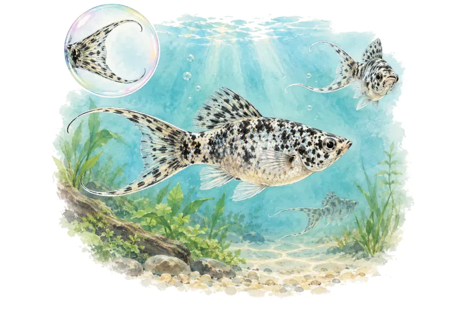 Aquarelle : Molly lyre (Poecilia sphenops) dans une eau turquoise lumineuse, avec une vue de trois quarts et un détail dans une bulle.