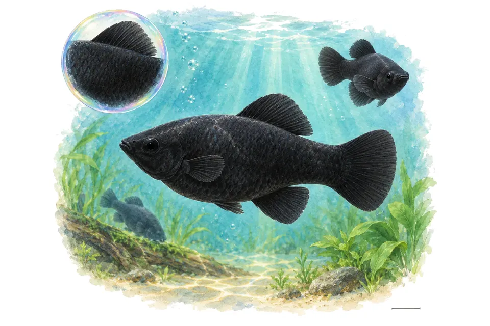 Aquarelle : Molly noir (Poecilia sphenops) dans une eau turquoise lumineuse, avec une vue de trois quarts et un détail dans une bulle.