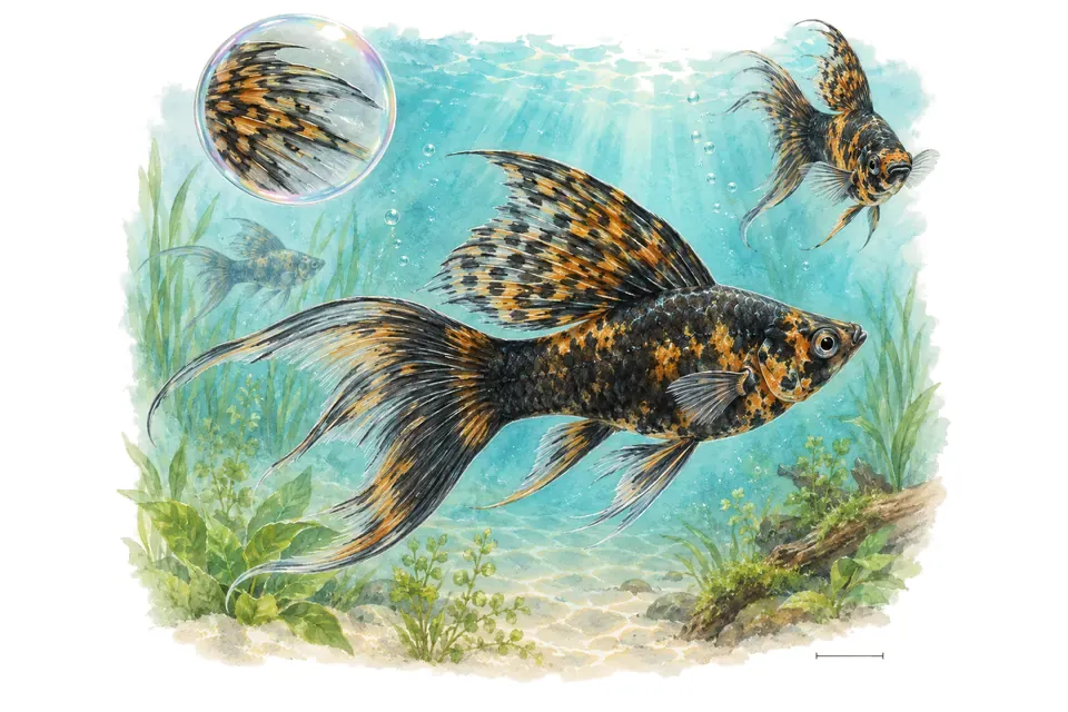 Aquarelle : Molly voilé (Poecilia sphenops) dans une eau turquoise lumineuse, avec une vue de trois quarts et un détail dans une bulle.