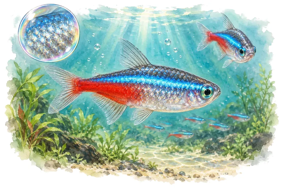 Aquarelle : Néon diamant (Paracheirodon innesi) dans une eau turquoise lumineuse, avec une vue de trois quarts et un détail dans une bulle.