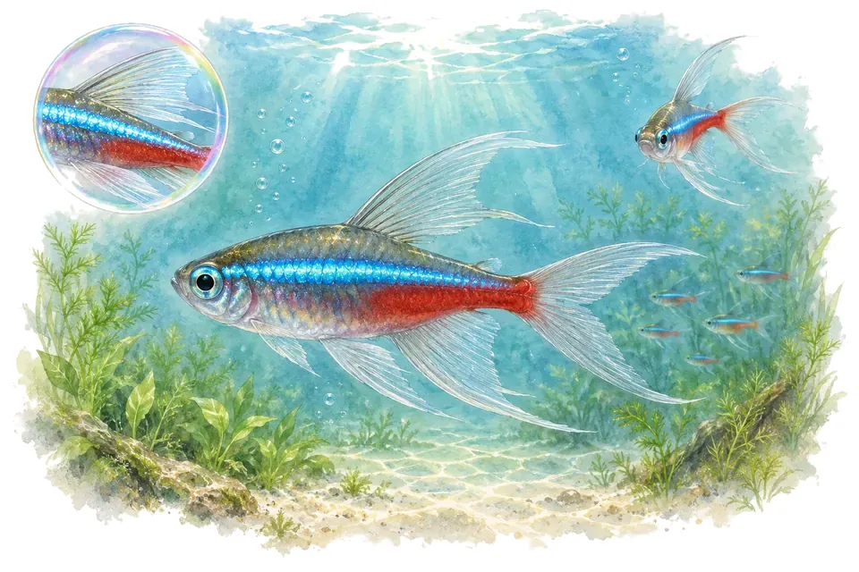 Aquarelle : Néon à longues nageoires (Paracheirodon innesi) dans une eau turquoise lumineuse, avec une vue de trois quarts et un détail dans une bulle.
