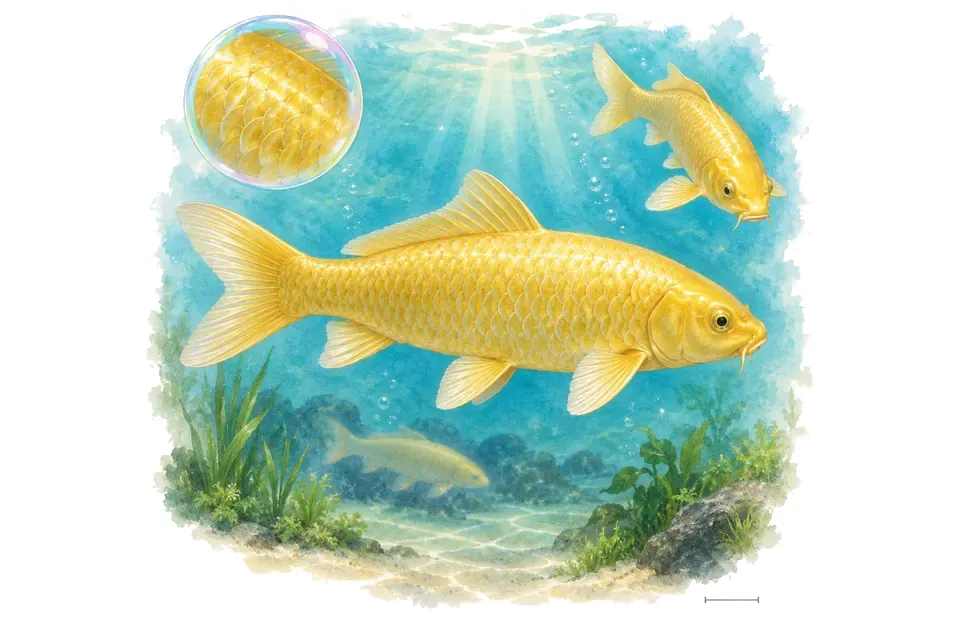 Aquarelle : Ogon (Cyprinus rubrofuscus) dans une eau turquoise lumineuse, avec une vue de trois quarts et un détail dans une bulle.