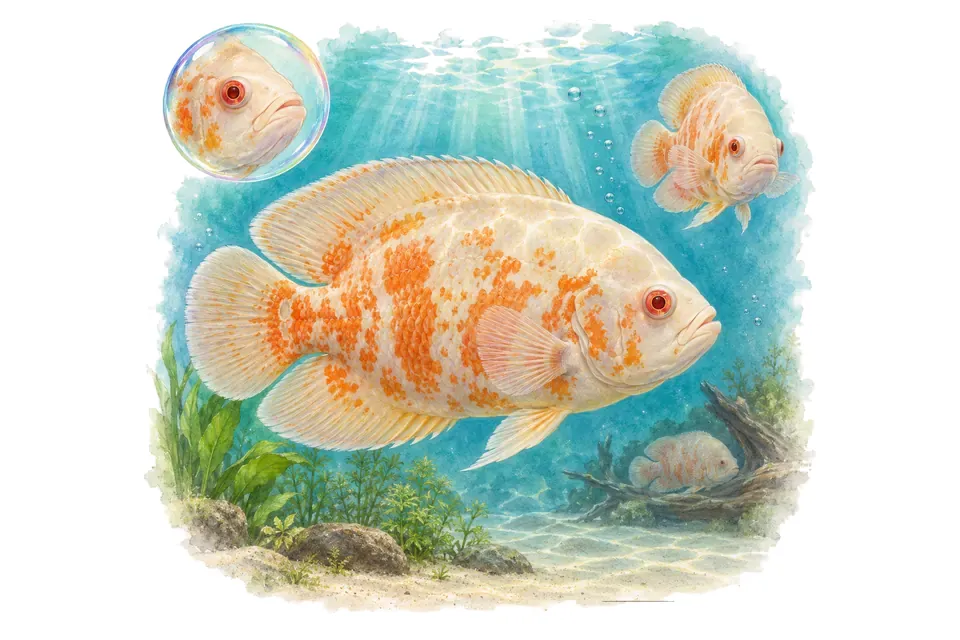 Aquarelle : Oscar albinos (Astronotus ocellatus) dans une eau turquoise lumineuse, avec une vue de trois quarts et un détail dans une bulle.