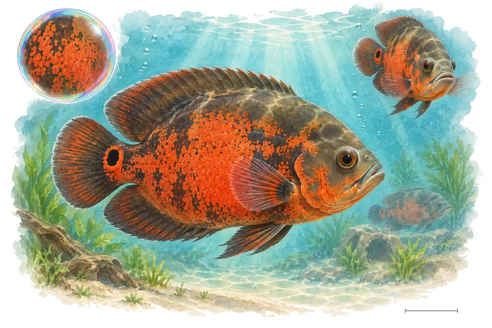 Aquarelle : Oscar rouge (Astronotus ocellatus) dans une eau turquoise lumineuse, avec une vue de trois quarts et un détail dans une bulle.
