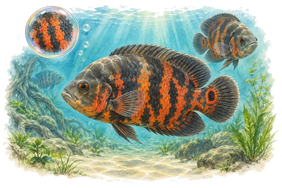 Aquarelle : Oscar tigré (Astronotus ocellatus) dans une eau turquoise lumineuse, avec une vue de trois quarts et un détail dans une bulle.