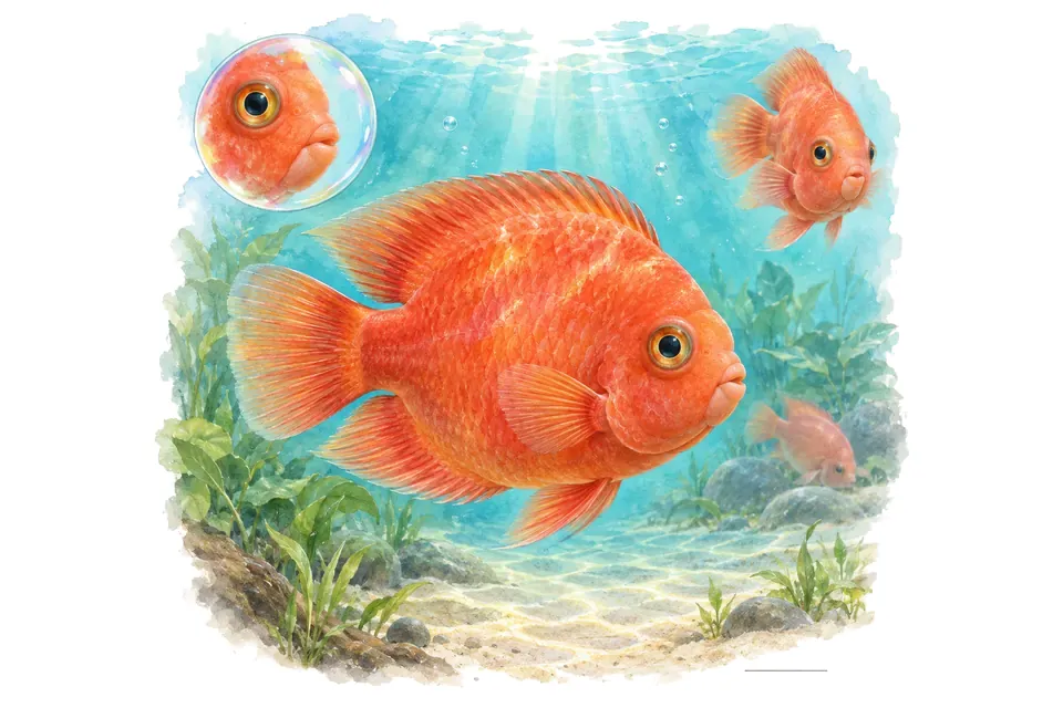 Aquarelle : Perroquet sang (Hybride commercial de cichlidés, parentage variable) dans une eau turquoise lumineuse, avec une vue de trois quarts et un détail dans une bulle.