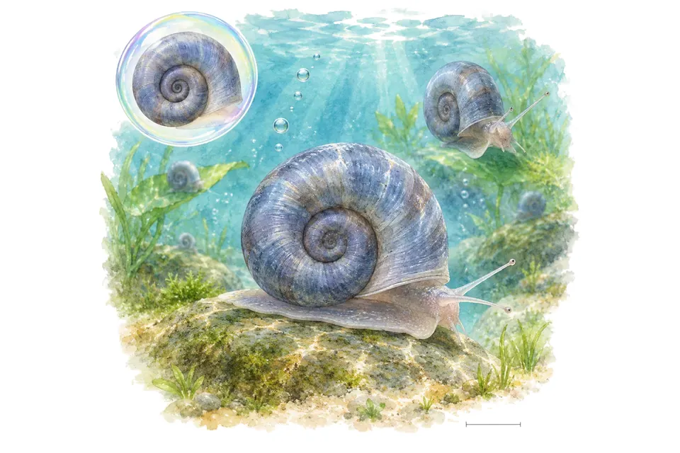 Aquarelle : Planorbe bleu (Planorbella duryi) dans une eau turquoise lumineuse, avec une vue de trois quarts et un détail dans une bulle.