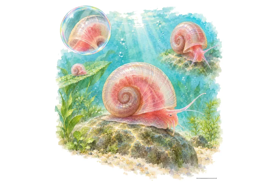 Aquarelle : Planorbe rose (Planorbella duryi) dans une eau turquoise lumineuse, avec une vue de trois quarts et un détail dans une bulle.