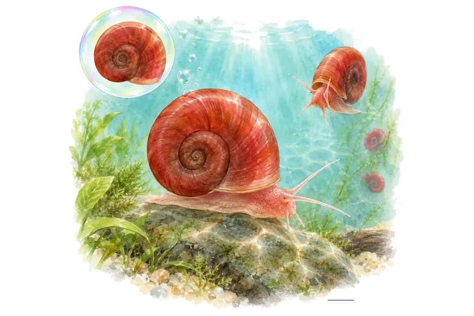 Aquarelle : Planorbe rouge (Planorbella duryi) dans une eau turquoise lumineuse, avec une vue de trois quarts et un détail dans une bulle.