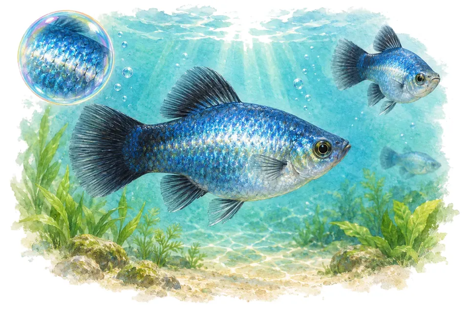 Aquarelle : Platy bleu miroir (Xiphophorus maculatus) dans une eau turquoise lumineuse, avec une vue de trois quarts et un détail dans une bulle.