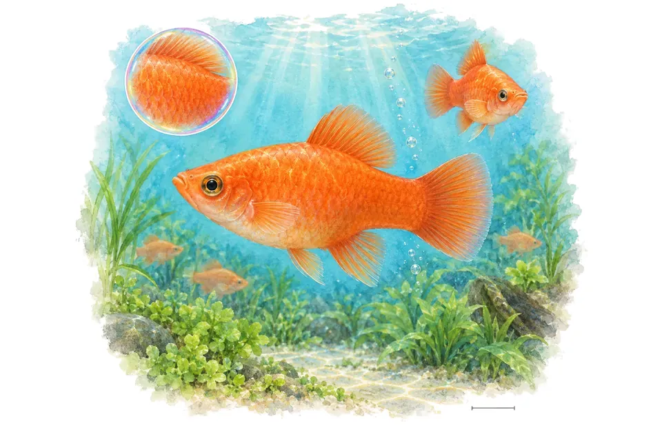Aquarelle : Platy corail (Xiphophorus maculatus) dans une eau turquoise lumineuse, avec une vue de trois quarts et un détail dans une bulle.