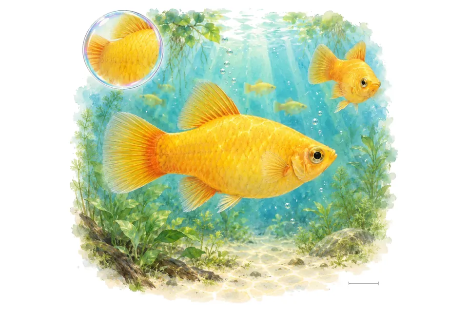 Aquarelle : Platy gold (Xiphophorus maculatus) dans une eau turquoise lumineuse, avec une vue de trois quarts et un détail dans une bulle.