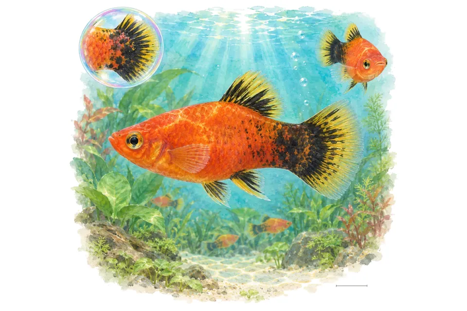Aquarelle : Platy Hawaï (Xiphophorus maculatus) dans une eau turquoise lumineuse, avec une vue de trois quarts et un détail dans une bulle.
