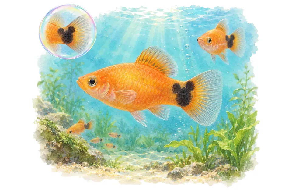 Aquarelle : Platy Mickey (Xiphophorus maculatus) dans une eau turquoise lumineuse, avec une vue de trois quarts et un détail dans une bulle.