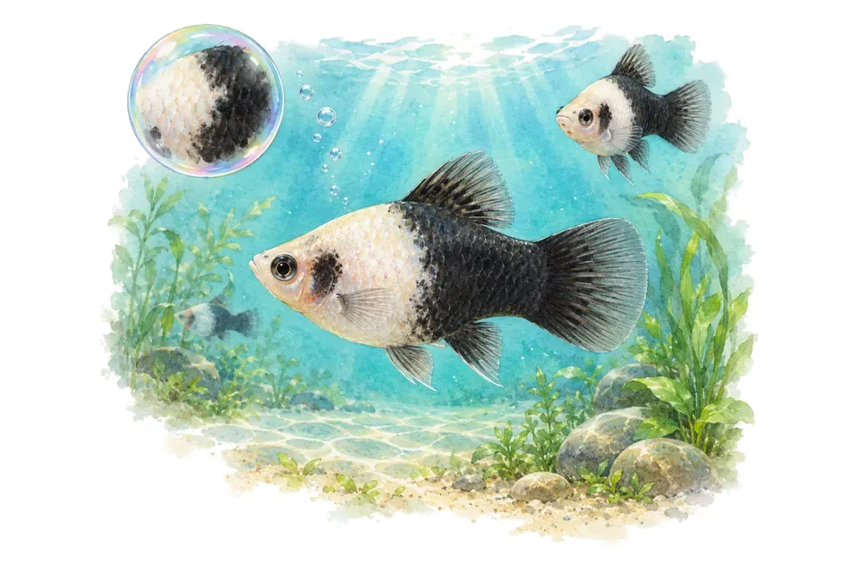 Aquarelle : Platy panda (Xiphophorus maculatus) dans une eau turquoise lumineuse, avec une vue de trois quarts et un détail dans une bulle.