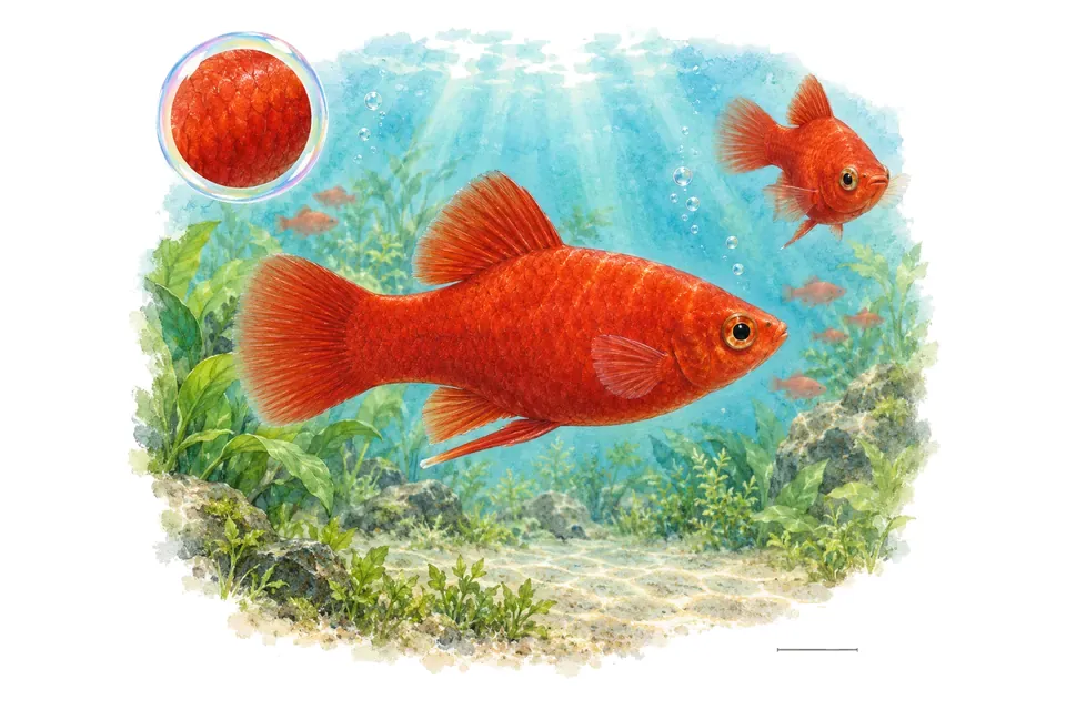 Aquarelle : Platy rouge (Xiphophorus maculatus) dans une eau turquoise lumineuse, avec une vue de trois quarts et un détail dans une bulle.