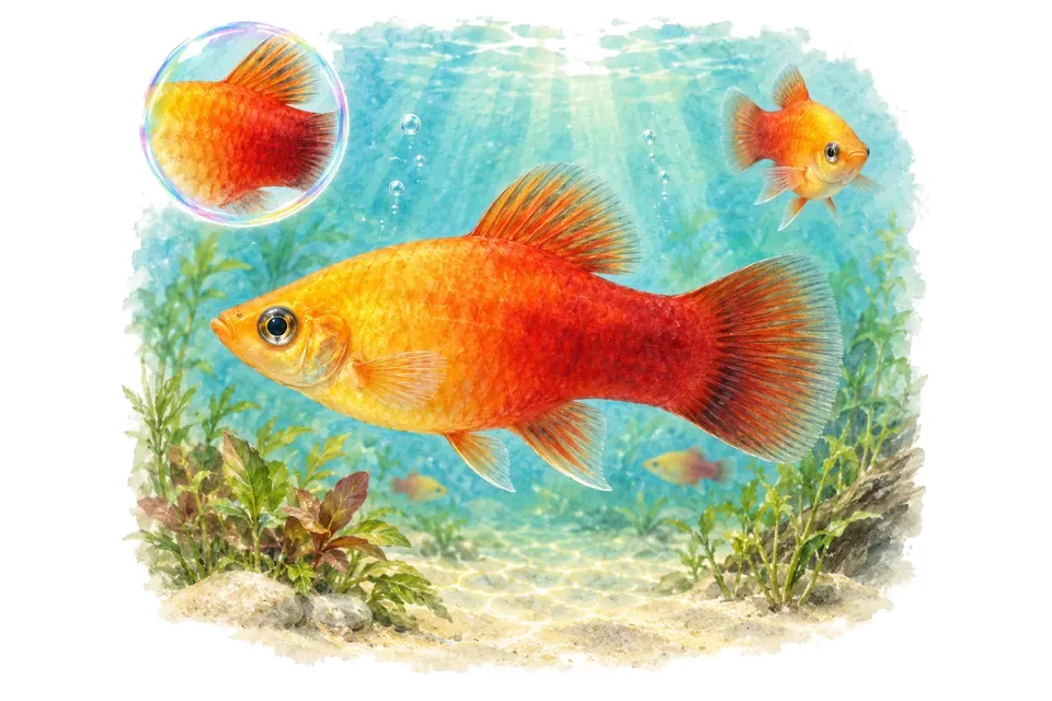 Aquarelle : Platy sunset (Xiphophorus maculatus) dans une eau turquoise lumineuse, avec une vue de trois quarts et un détail dans une bulle.