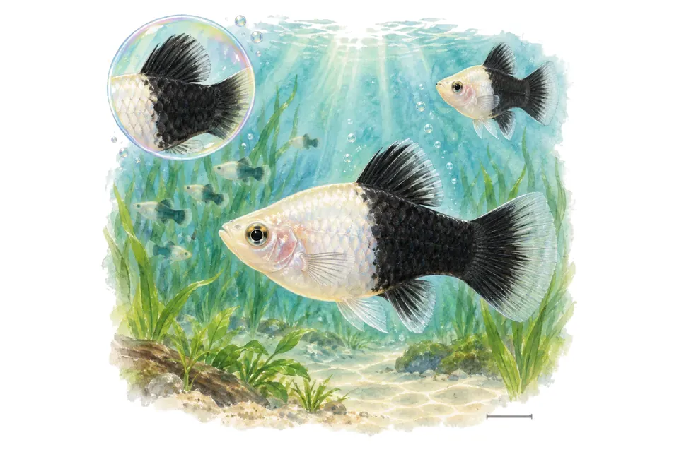 Aquarelle : Platy tuxedo (Xiphophorus maculatus) dans une eau turquoise lumineuse, avec une vue de trois quarts et un détail dans une bulle.