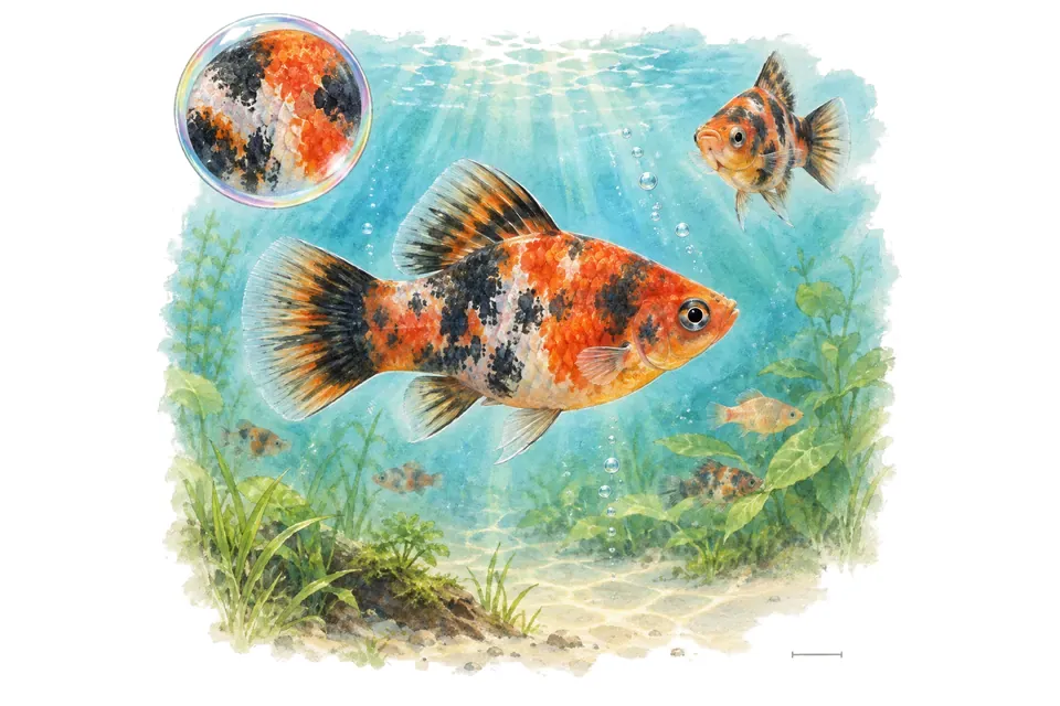 Aquarelle : Platy variatus calico (Xiphophorus variatus) dans une eau turquoise lumineuse, avec une vue de trois quarts et un détail dans une bulle.