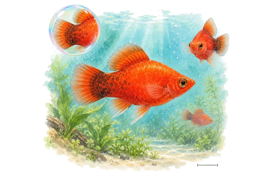 Aquarelle : Platy variatus rouge (Xiphophorus variatus) dans une eau turquoise lumineuse, avec une vue de trois quarts et un détail dans une bulle.