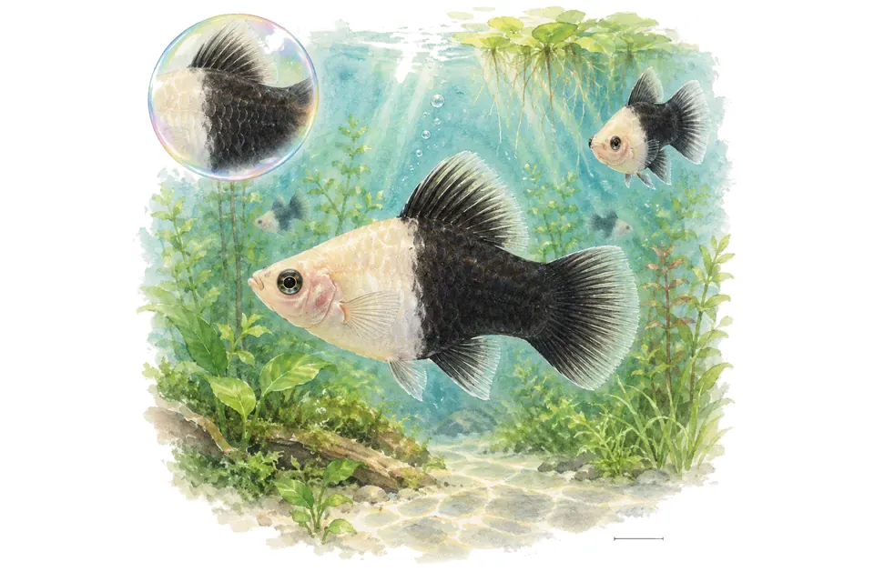 Aquarelle : Platy variatus tuxedo (Xiphophorus variatus) dans une eau turquoise lumineuse, avec une vue de trois quarts et un détail dans une bulle.