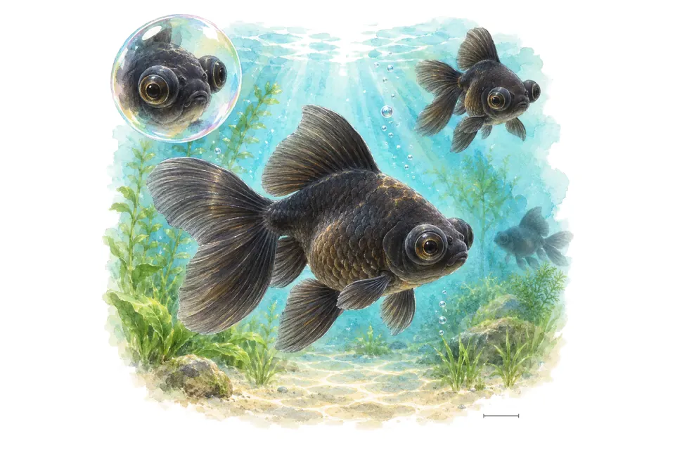Aquarelle : Poisson rouge black moor (Carassius auratus) dans une eau turquoise lumineuse, avec une vue de trois quarts et un détail dans une bulle.