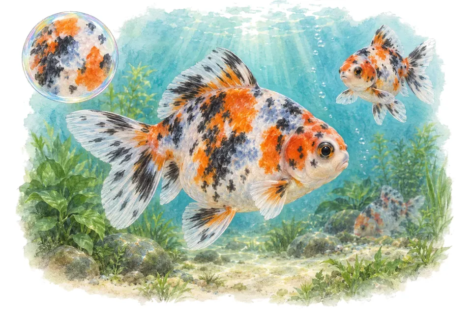 Aquarelle : Poisson rouge calico (Carassius auratus) dans une eau turquoise lumineuse, avec une vue de trois quarts et un détail dans une bulle.