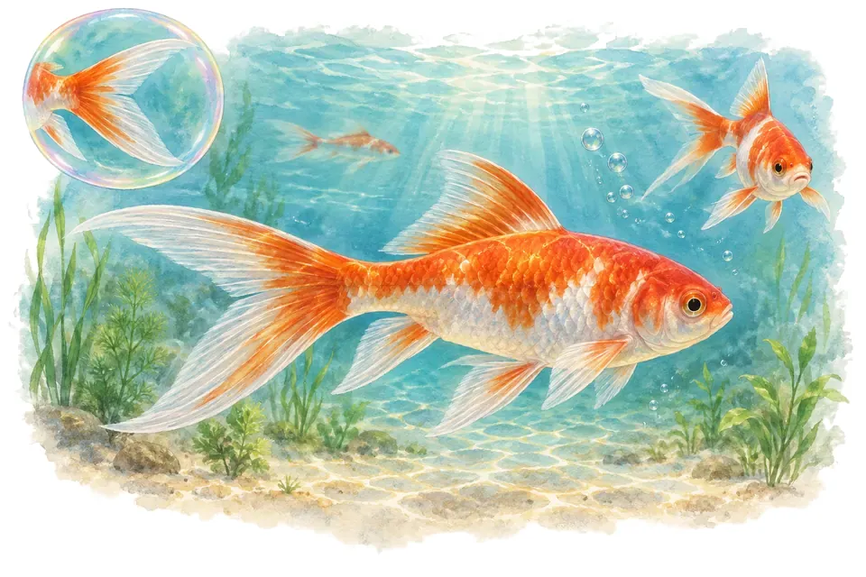 Aquarelle : Poisson rouge comète (Carassius auratus) dans une eau turquoise lumineuse, avec une vue de trois quarts et un détail dans une bulle.