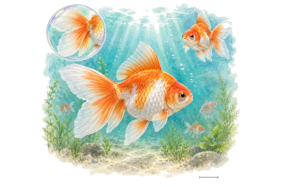 Aquarelle : Poisson rouge fantail (Carassius auratus) dans une eau turquoise lumineuse, avec une vue de trois quarts et un détail dans une bulle.