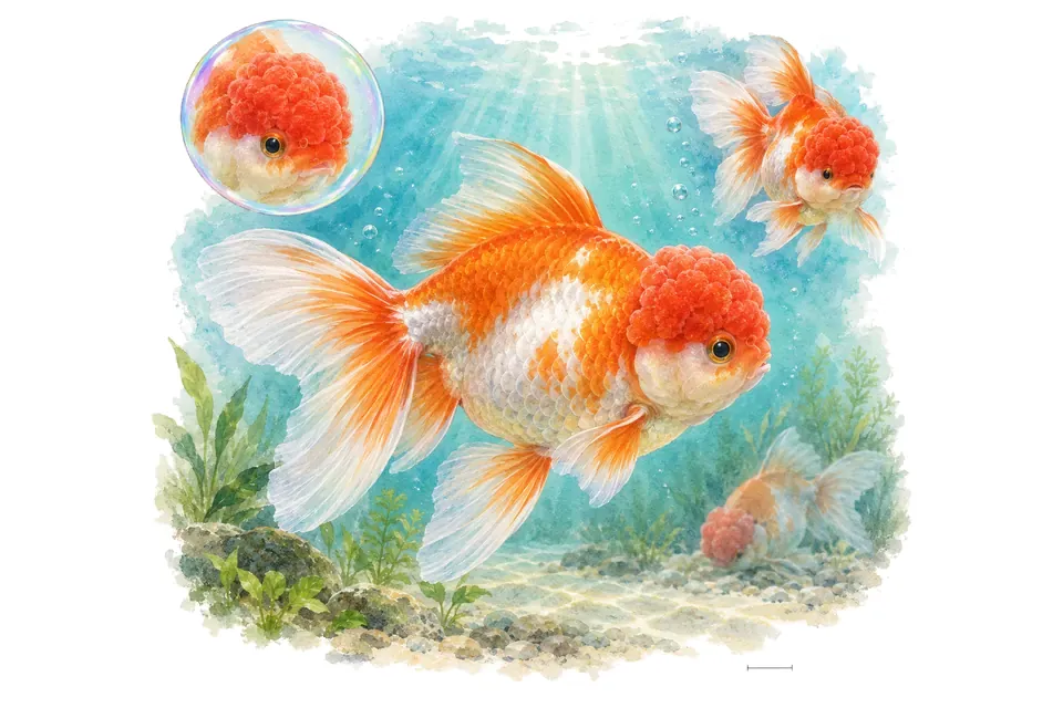 Aquarelle : Poisson rouge oranda (Carassius auratus) dans une eau turquoise lumineuse, avec une vue de trois quarts et un détail dans une bulle.