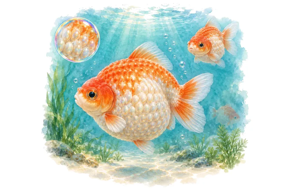 Aquarelle : Poisson rouge perle (Carassius auratus) dans une eau turquoise lumineuse, avec une vue de trois quarts et un détail dans une bulle.